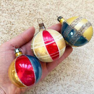 Vintage Set of 3 Poland Circus Striped Balls Mercury Glass Glass Ornaments